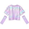 imagePerfashion Girls Metallic Shirts with Arm Sleeves Shiny Crop Top for Dancing Raves Festivals Costumes 415 YearsRadient Light Purple025