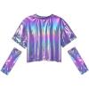 imagePerfashion Girls Metallic Shirts with Arm Sleeves Shiny Crop Top for Dancing Raves Festivals Costumes 415 YearsRadient Purple033