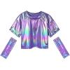 imagePerfashion Girls Metallic Shirts with Arm Sleeves Shiny Crop Top for Dancing Raves Festivals Costumes 415 YearsRadient Purple033
