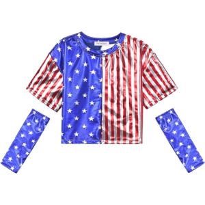 imagePerfashion Girls Metallic Shirts with Arm Sleeves Shiny Crop Top for Dancing Raves Festivals Costumes 415 Years4th of July361