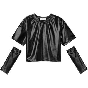 imagePerfashion Girls Metallic Shirts with Arm Sleeves Shiny Crop Top for Dancing Raves Festivals Costumes 415 YearsBlack361