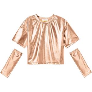 imagePerfashion Girls Metallic Shirts with Arm Sleeves Shiny Crop Top for Dancing Raves Festivals Costumes 415 YearsChampagne361