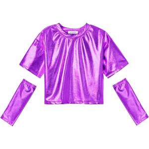 imagePerfashion Girls Metallic Shirts with Arm Sleeves Shiny Crop Top for Dancing Raves Festivals Costumes 415 YearsDark Purple361