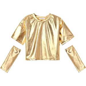 imagePerfashion Girls Metallic Shirts with Arm Sleeves Shiny Crop Top for Dancing Raves Festivals Costumes 415 YearsGold361
