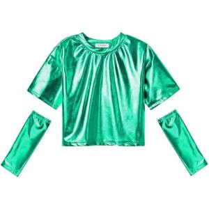 imagePerfashion Girls Metallic Shirts with Arm Sleeves Shiny Crop Top for Dancing Raves Festivals Costumes 415 YearsGreen361