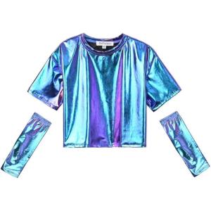 imagePerfashion Girls Metallic Shirts with Arm Sleeves Shiny Crop Top for Dancing Raves Festivals Costumes 415 YearsLaser Mermaid361