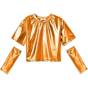 imagePerfashion Girls Metallic Shirts with Arm Sleeves Shiny Crop Top for Dancing Raves Festivals Costumes 415 YearsOrang361