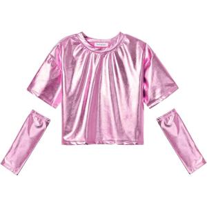 imagePerfashion Girls Metallic Shirts with Arm Sleeves Shiny Crop Top for Dancing Raves Festivals Costumes 415 YearsPink361
