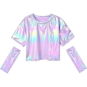 imagePerfashion Girls Metallic Shirts with Arm Sleeves Shiny Crop Top for Dancing Raves Festivals Costumes 415 YearsRadient Light Purple025