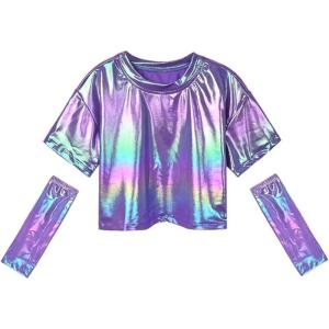imagePerfashion Girls Metallic Shirts with Arm Sleeves Shiny Crop Top for Dancing Raves Festivals Costumes 415 YearsRadient Purple033