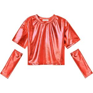 imagePerfashion Girls Metallic Shirts with Arm Sleeves Shiny Crop Top for Dancing Raves Festivals Costumes 415 YearsRed361