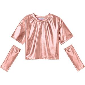 imagePerfashion Girls Metallic Shirts with Arm Sleeves Shiny Crop Top for Dancing Raves Festivals Costumes 415 YearsRose Gold361