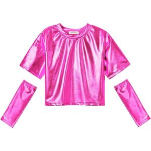 imagePerfashion Girls Metallic Shirts with Arm Sleeves Shiny Crop Top for Dancing Raves Festivals Costumes 415 YearsRose Red361