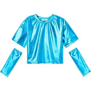imagePerfashion Girls Metallic Shirts with Arm Sleeves Shiny Crop Top for Dancing Raves Festivals Costumes 415 YearsSapphire Blue361