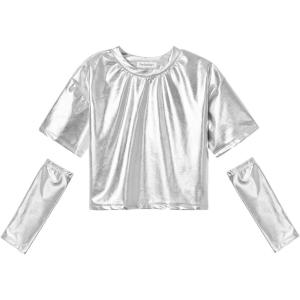 imagePerfashion Girls Metallic Shirts with Arm Sleeves Shiny Crop Top for Dancing Raves Festivals Costumes 415 YearsSilver361