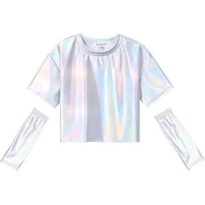 imagePerfashion Girls Metallic Shirts with Arm Sleeves Shiny Crop Top for Dancing Raves Festivals Costumes 415 YearsSliver361