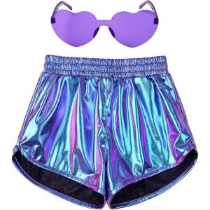 imagePerfashion Girls Metallic Shorts Shiny Hot Short Sparkly Party Pants ampampSunglassesMagic ColorpurpleCyan