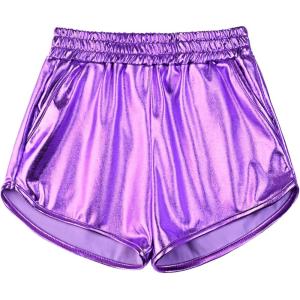 imagePerfashion Girls Metallic Shorts Sparkly Shiny Hot Pants GoldSilverPink OutfitMedium Purple 26