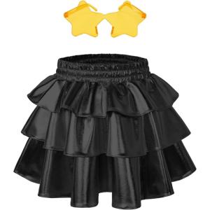 imagePerfashion Girls Sparkle Metallic Skirts Layers Ruffle Sequin Tutu Dance Skirt with Sunglasses for Kids 615 YearsBlack452
