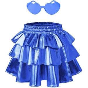 imagePerfashion Girls Sparkle Metallic Skirts Layers Ruffle Sequin Tutu Dance Skirt with Sunglasses for Kids 615 YearsBlue452