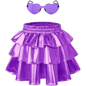 imagePerfashion Girls Sparkle Metallic Skirts Layers Ruffle Sequin Tutu Dance Skirt with Sunglasses for Kids 615 YearsDark Purple452