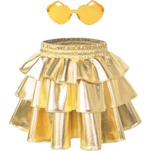 imagePerfashion Girls Sparkle Metallic Skirts Layers Ruffle Sequin Tutu Dance Skirt with Sunglasses for Kids 615 YearsGold452