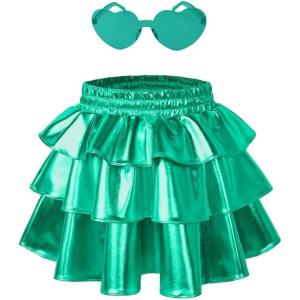 imagePerfashion Girls Sparkle Metallic Skirts Layers Ruffle Sequin Tutu Dance Skirt with Sunglasses for Kids 615 YearsGreen452