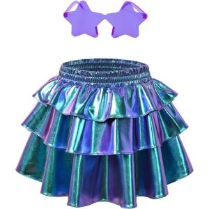 imagePerfashion Girls Sparkle Metallic Skirts Layers Ruffle Sequin Tutu Dance Skirt with Sunglasses for Kids 615 YearsLaser Mermaid452