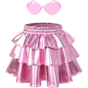 imagePerfashion Girls Sparkle Metallic Skirts Layers Ruffle Sequin Tutu Dance Skirt with Sunglasses for Kids 615 YearsPink452