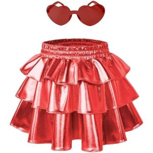 imagePerfashion Girls Sparkle Metallic Skirts Layers Ruffle Sequin Tutu Dance Skirt with Sunglasses for Kids 615 YearsRed452