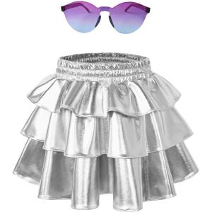imagePerfashion Girls Sparkle Metallic Skirts Layers Ruffle Sequin Tutu Dance Skirt with Sunglasses for Kids 615 YearsSilver452