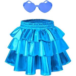 imagePerfashion Girls Sparkle Metallic Skirts Layers Ruffle Sequin Tutu Dance Skirt with Sunglasses for Kids 615 YearsSky Blue452