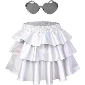 imagePerfashion Girls Sparkle Metallic Skirts Layers Ruffle Sequin Tutu Dance Skirt with Sunglasses for Kids 615 YearsSliver452