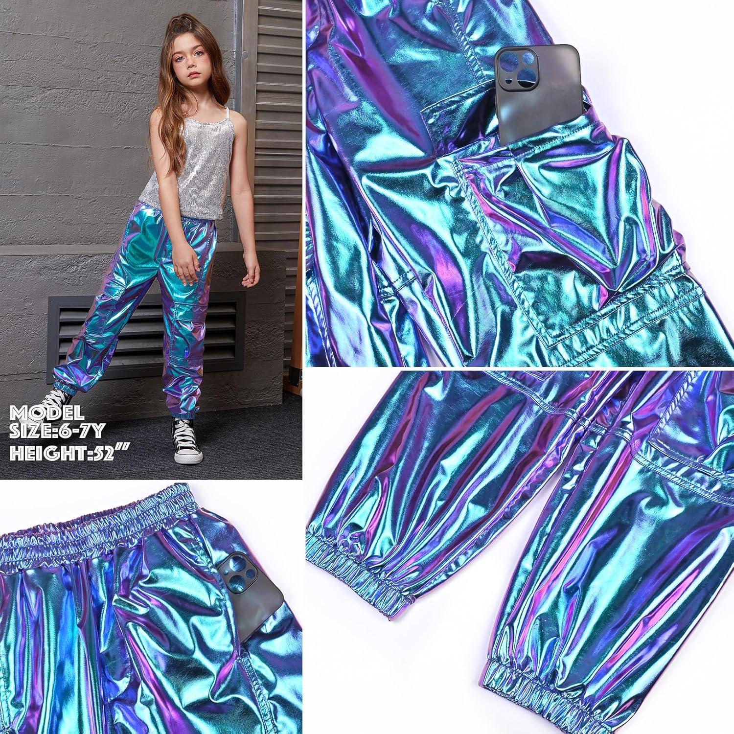 imagePerfashion Metallic Cargo Pants for Girls ampamp Womens Hip Hop Dance MultiPocket Joggers High Waist Pants 615YMagic ColorpurpleCyan352