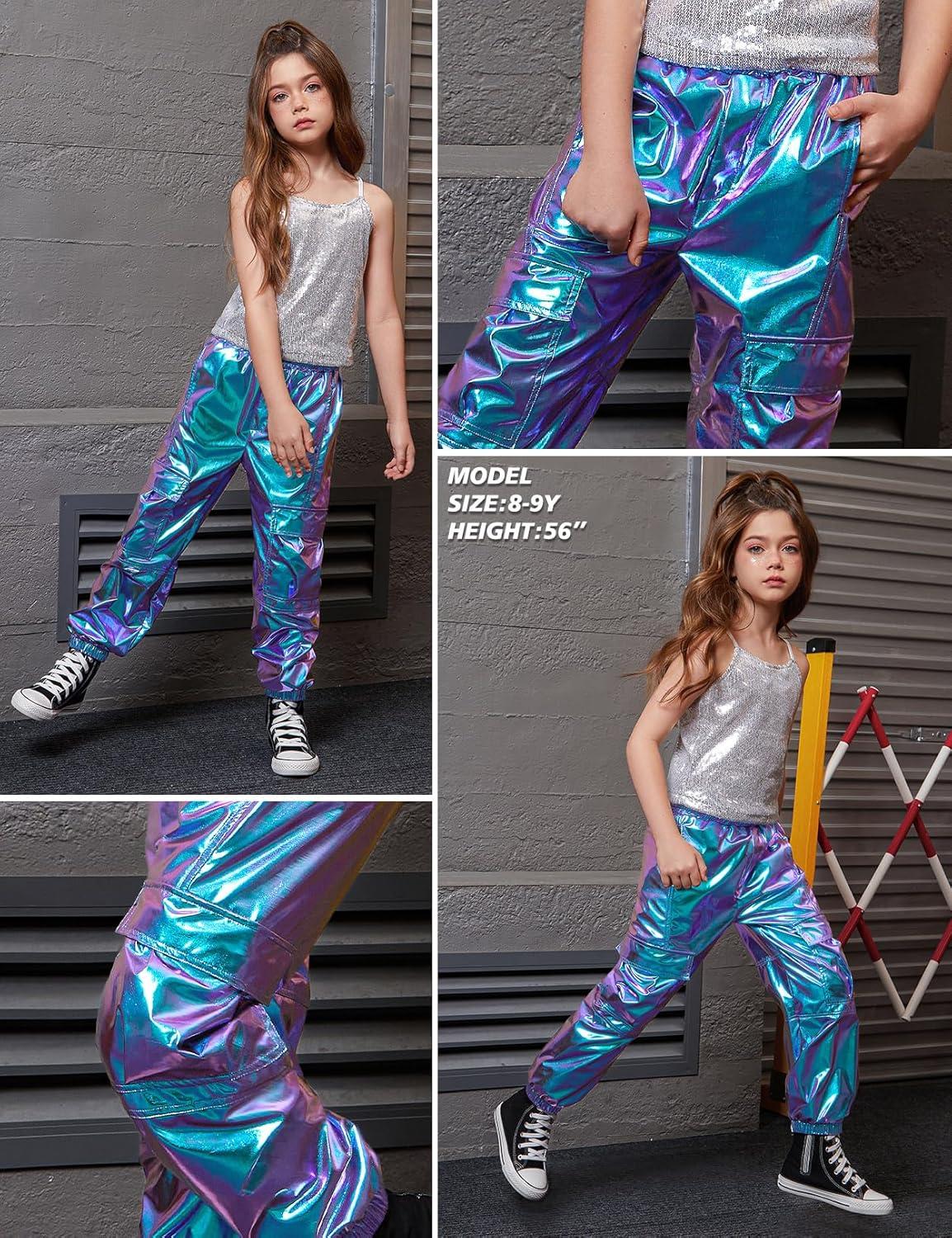 imagePerfashion Metallic Cargo Pants for Girls ampamp Womens Hip Hop Dance MultiPocket Joggers High Waist Pants 615YMagic ColorpurpleCyan352