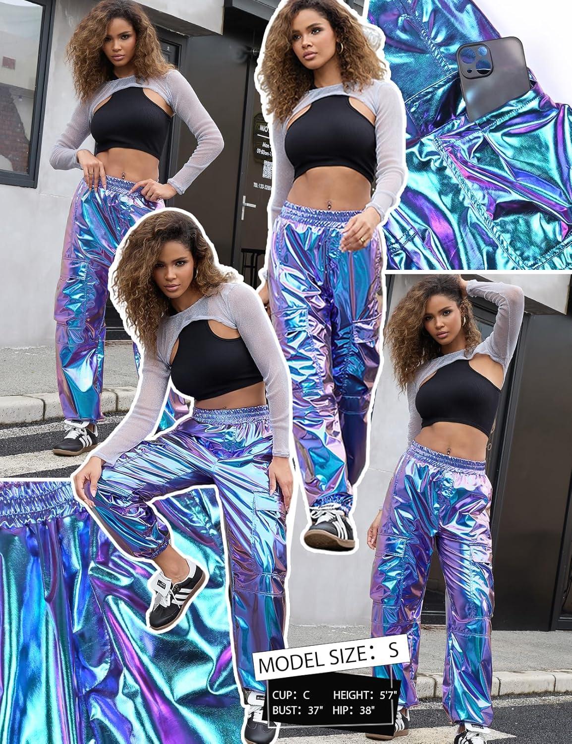 imagePerfashion Metallic Cargo Pants for Girls ampamp Womens Hip Hop Dance MultiPocket Joggers High Waist Pants 615YMagic ColorpurpleCyan352