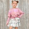 imagePerfashion Girls Metallic Shirts Shiny Tie Front Knot Crop Top with Arm Sleeves for Dancing Raves Festivals 415 YearsDirty Pink15258
