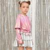 imagePerfashion Girls Metallic Shirts Shiny Tie Front Knot Crop Top with Arm Sleeves for Dancing Raves Festivals 415 YearsDirty Pink15258