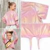 imagePerfashion Girls Metallic Shirts Shiny Tie Front Knot Crop Top with Arm Sleeves for Dancing Raves Festivals 415 YearsDirty Pink15258