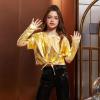 imagePerfashion Girls Metallic Shirts Shiny Tie Front Knot Crop Top with Arm Sleeves for Dancing Raves Festivals 415 YearsGold258
