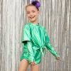 imagePerfashion Girls Metallic Shirts Shiny Tie Front Knot Crop Top with Arm Sleeves for Dancing Raves Festivals 415 YearsGreen9258