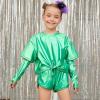 imagePerfashion Girls Metallic Shirts Shiny Tie Front Knot Crop Top with Arm Sleeves for Dancing Raves Festivals 415 YearsGreen9258