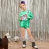 imagePerfashion Girls Metallic Shirts Shiny Tie Front Knot Crop Top with Arm Sleeves for Dancing Raves Festivals 415 YearsGreen9258