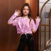 imagePerfashion Girls Metallic Shirts Shiny Tie Front Knot Crop Top with Arm Sleeves for Dancing Raves Festivals 415 YearsPink258