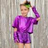 imagePerfashion Girls Metallic Shirts Shiny Tie Front Knot Crop Top with Arm Sleeves for Dancing Raves Festivals 415 YearsPurple14258