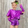 imagePerfashion Girls Metallic Shirts Shiny Tie Front Knot Crop Top with Arm Sleeves for Dancing Raves Festivals 415 YearsPurple14258