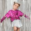 imagePerfashion Girls Metallic Shirts Shiny Tie Front Knot Crop Top with Arm Sleeves for Dancing Raves Festivals 415 YearsRosen8258