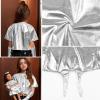 imagePerfashion Girls Metallic Shirts Shiny Tie Front Knot Crop Top with Arm Sleeves for Dancing Raves Festivals 415 YearsSilver258