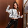 imagePerfashion Girls Metallic Shirts Shiny Tie Front Knot Crop Top with Arm Sleeves for Dancing Raves Festivals 415 YearsSilver258