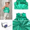 imagePerfashion Girls Metallic Tank Tops Shiny Ruffle Layered Crop Tops Dance Shirts with Alien Glasses 415 YearsGreen452